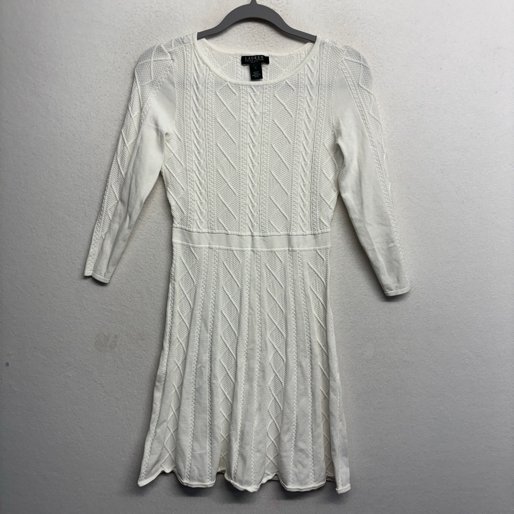 Lauren Ralph Lauren White Midi Dress 3/4 Sleeve Nylon Blend Stretch‎